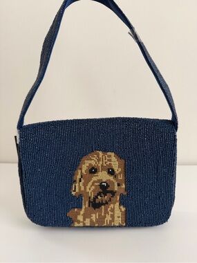 Dog Beaded Shoulder Bag in Navy with Golden Dog Motif